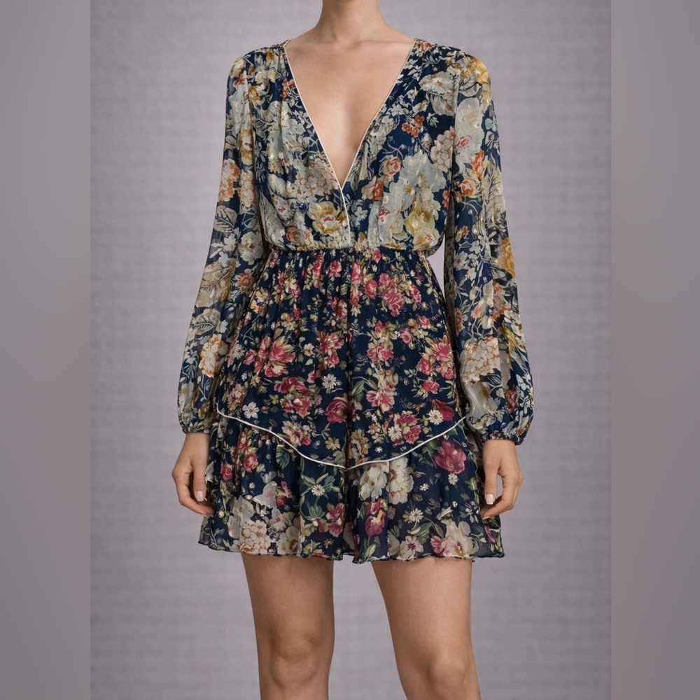 HEMANT & NANDITA Floral Mini Dress Ruffle Boho India Rare Green Gold $500 New